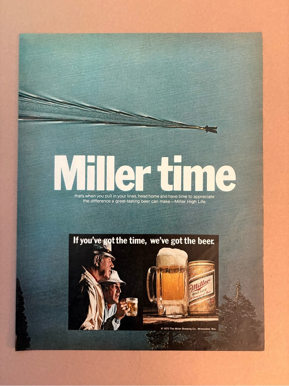 1972 Miller High Life “Miller Time” Fishing Original Vintage Magazine Ad